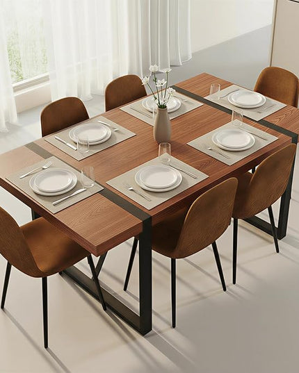 FURNITO Walnut Dining Table Set for 6, 71" Wood Kitchen Table Set with 6 Suede Nap Fabric Chairs, Modern Rectangular Dining Room Table and Chairs Set for Home, Kitchen, or Living Room
