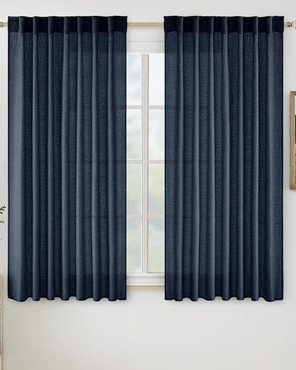 MIULEE Navy Blue Linen Curtains 54 Inch Length 2 Panels for Bedroom Living Room, Soft Thick Linen Textured Natural Short Window Drapes Semi Sheer Light Filtering Back Tab Rod Pocket Burlap Look Decor