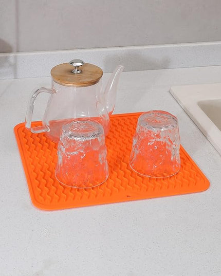 Silicone Dish Drying Mat for Multiple Usage,Easy clean,Eco-friendly,Heat-resistant Silicone Mat for Kitchen Counter or Sink,Refrigerator or Drawer liner Orange M 12 inches x 12 inches