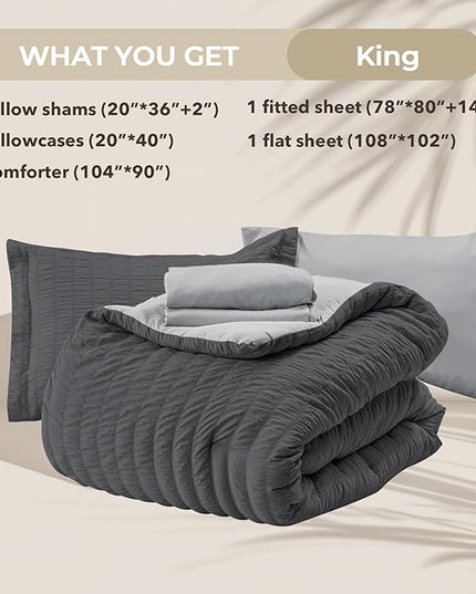 HYMOKEGE Dark Grey/Light Grey King Size Comforter Set Seersucker 7 Pieces, All Season Luxury Bed in a Bag for Bedroom, Bedding Set with Comforter, Sheets, Pillowcases & Shams