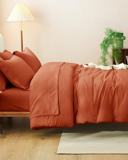 CozyLux Full Comforter Set Burnt Orange, 7 Pieces Bed in a Bag Terracotta Comforter Set with Sheets, All Season Boho7PC Bed Sets with Comforter, Fitted Sheet, Flat Sheet, Pillow Shams and Pillowcases