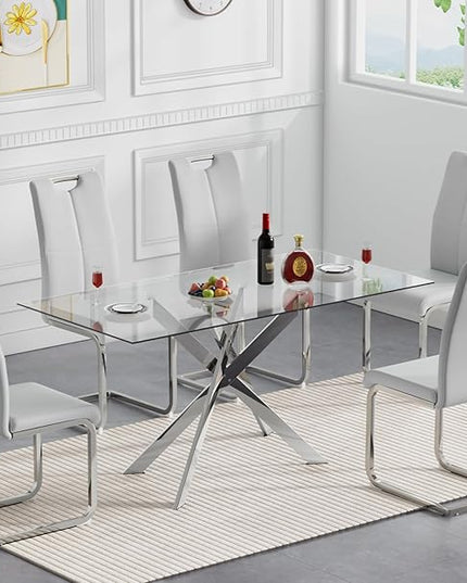 5 Piece Glass Dining Table Set, Glass Kitchen Dining Room Table Set for 4, Modern 51" Rectangular Silver Glass Metal Dining Table with 4 Grey Leather Dining Chairs for Kitchen Dining Room