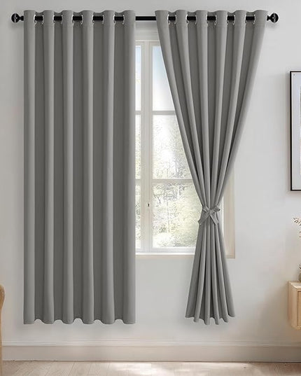 JIUZHEN Light Grey Blackout Curtains with Tiebacks Thermal Insulated, Light Blocking and Noise Reducing Grommet Curtains for Bedroom and Living Room, Set of 2 Window Curtain Panel, 70 x 72 Inch Length