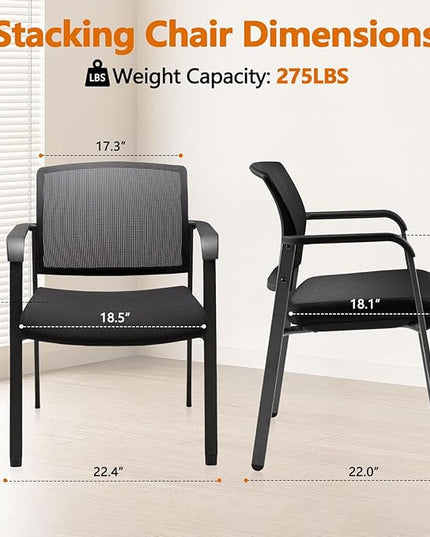 CLATINA Mesh Back Stacking Arm Chairs with Upholstered Fabric Seat and Ergonomic Lumber Support for Office School Church Guest Reception Black 4 Pack Set New Version