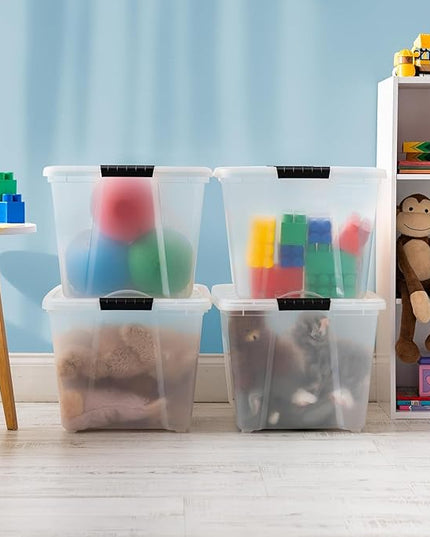 IRIS USA 54 Qt Stackable Plastic Storage Bins with Lids, 6 Pack - BPA-Free, Made in USA - See-Through Organizing Solution, Latches, Durable Nestable Containers, Secure Pull Handle - Clear
