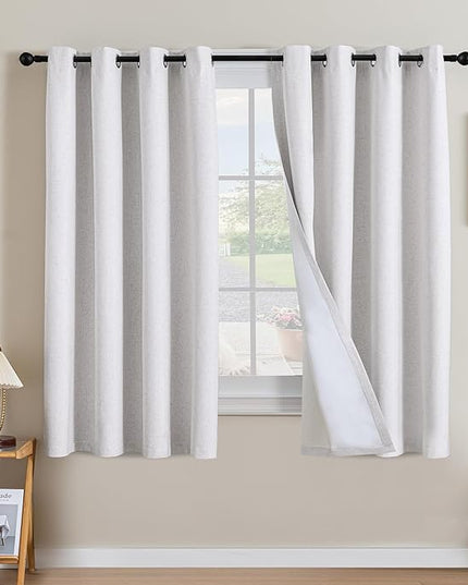 H.VERSAILTEX Linen Curtains 100% Blackout Curtains for Bedroom 63 inch Long Full Light Blocking Nature Linen Blended Window Curtains for Living Room Nickel Grommet (2 Panels, Heathered White)