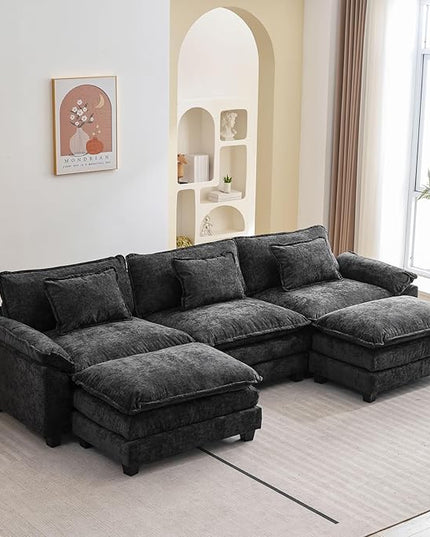 120" Modular Sectional Sofa, Comfy Cloud Couch Sectional Sofa with Ottoman, Chenille Sofa Sleeper Deep Seat Sofa with Throw Pillows for Living Room (Black, 120"- U Shape)