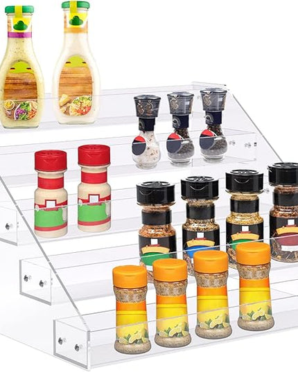 PMMASTO Tiered Spice Rack, Seasoning Organizer, Clear Acrylic Vertical Shelves Can Organizer for Countertop, Cabinet, Pantry, Kitchen Organization and Storage - 5 Tier