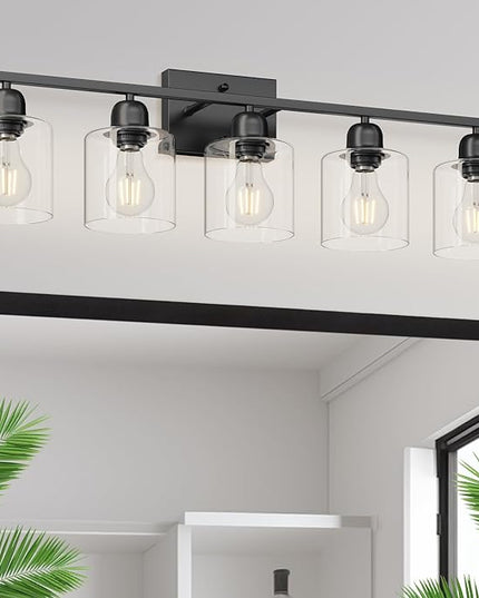 Modern 5 Light Bathroom Vanity Light, 31 inch Black Bathroom Lights Fixtures, Vanity Lights with Clear Glass for Mirror Kitchen Living Room Hallway Cabinet Porch