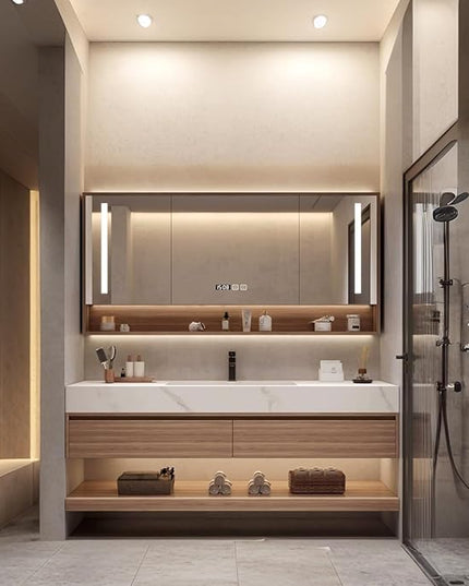 Wood Bathroom Vanity Set - LED Defogging Mirror | Wall Mounted Bathroom Vanity with Sink Include Open Storage & Mirror Cabinet Storage & 2 Drawers (62'')