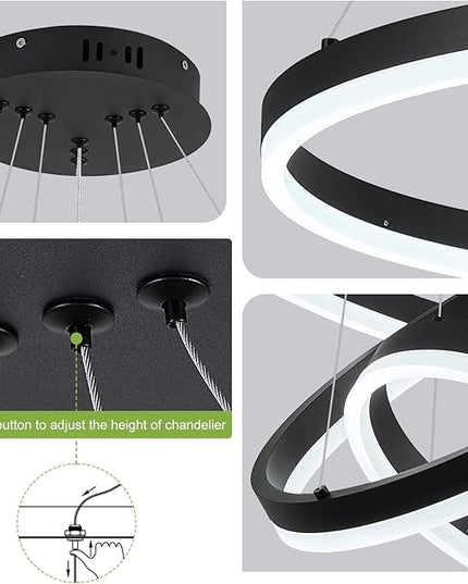3-Rings D23.6 Modern LED Chandelier Black Dimmable Pendant Lighting with Remote Control Circular Flush Mount High Ceiling Light for Dining Room Living Room Bedroom Entrance Foyer, 3000K-6500K
