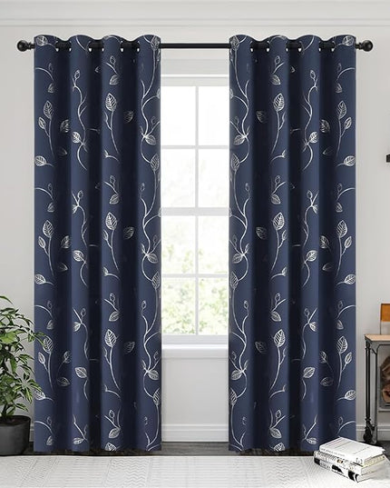 BUHUA Navy Blackout Curtains 84 Inches Long, Darkening Curtains for Bedroom Window Curtain Panels with Leaf Pattern (52 x 84 Inch, Navy Blue, 2 Panels)