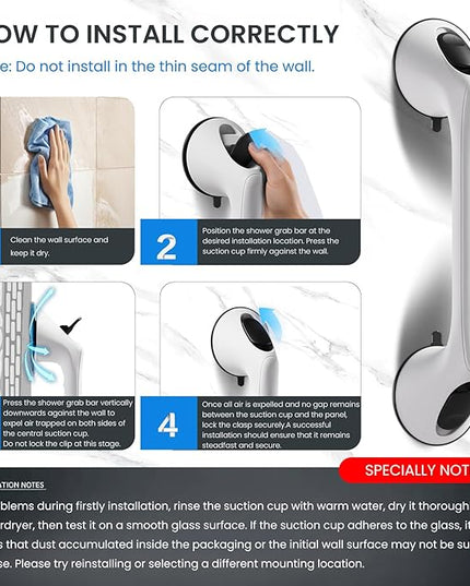 2 Pack 16 Inch Grab Bars for Bathtubs and Showers for Seniors, Heavy Duty Shower Handle for Elderly, Suction Cup Removable Handrails Handicap Bath Grip Bathroom Safety Grips (White and Black