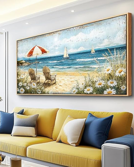 ERQINHUA Large Wall Decor Canvas Painting Wall Art For Living Room Decoration Blue Seaside Landscape Painting Bedroom Print Artwork Picture For Dining Room Bathroom Home Decor Wood Frame 24x48 In