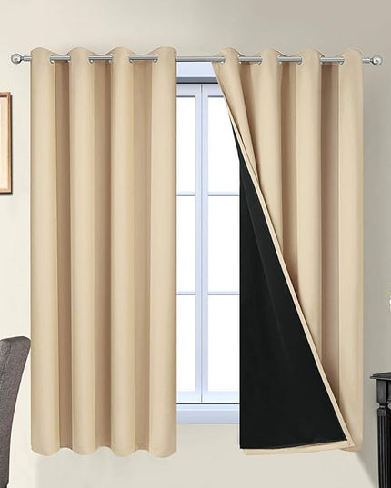 Yakamok Home Decor Thermal Insulated Full Blackout Drapes, 2-Layer Lined 100% Blackout Curtains with Black Liners, Energy Efficiency Window Draperies for Bedroom(52Wx63L, Beige, 2 Panels)