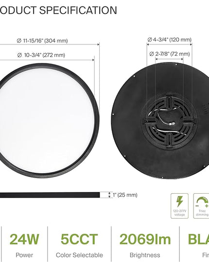 ASD LED 12" Round Flush Mount Ceiling Light Fixture, Low Profile Surface Lighting | 5CCT, Dimmable, Ultra-Thin, ETL Listed | 24W 2000LM 2700-6000K 100-277V | Kitchen, Hallway Lamp | Black, 4 Pack