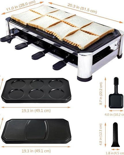 TAMARIT 8-Person Raclette Grill, Electric Party Griddle with Nonstick Grill and Crepe Plates, 8 Pans and Spatulas, 1500W (Indoor), Stainless Steel