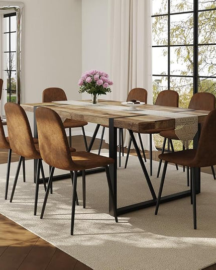 FURNITO Wood Dining Table Set for 8, 71" Large Rectangular Kitchen & Dining Room Table with 8 Suede Upholstered Chairs, Modern Farmhouse Dining Set for Home, Living Room, Office, or Conference Room