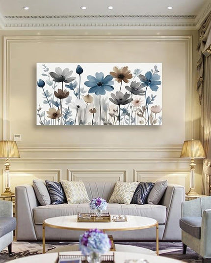 KZKU Flowers Canvas Wall Art - Floral Pictures for Wall Decor Indigo Brown Grey Canvas Prints Nature Printing Artwork for Living Room Bedroom Home Office Wall Decoration 24" x 48"