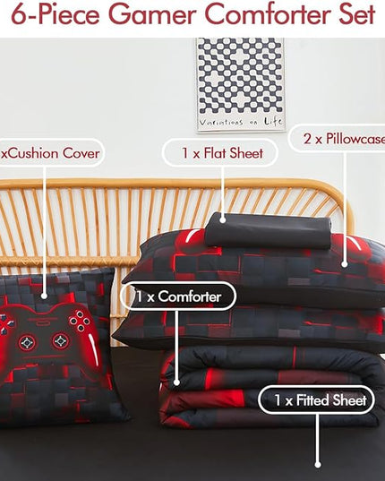 PERFEMET 6-Piece Boys Comforter Set Queen Size Game Console Bedding Set for Kids Teen 3D Black and Red Gamepad Gaming Bed in a Bag Matching Sheet Set(Red, Queen)