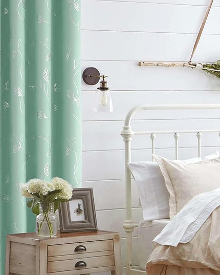 BUHUA Wave Silver Leaf Print Blackout Curtains for Living Room Darkening Curtains Light Blocking Curtains for Bedroom 52W×84L Aqua 2 Panels
