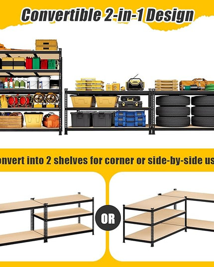 48" W x 24" D x 72" H Garage Shelving Heavy Duty: 5 Tier Metal Storage Shelves - Adjustable Shelving Unit, Utility Rack Shelf for Pantry, Warehouse, Office, Kitchen, Black, 2PCS