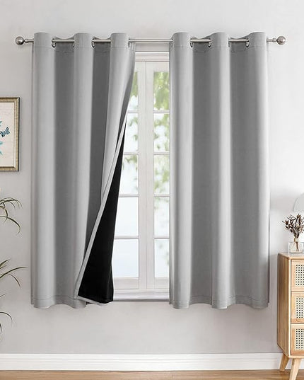 ChrisDowa 100% Blackout Curtains for Bedroom with Black Liner, 2 Thick Layers Total Blackout Thermal Insulated Grommet Small Window Curtains 54 Inch Length 2 Panels Set (Light Grey, 42 x 54 Inch)