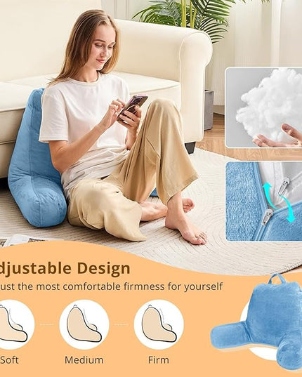 Sasttie Reading Pillow, Velvet Back Pillow for Bed Sitting Up, Adult Back-Rest Support Cushion with Arms for Sit Up on Couch, Sofa, and Floor, Dorm Essentials, Reading Accessories, Blue