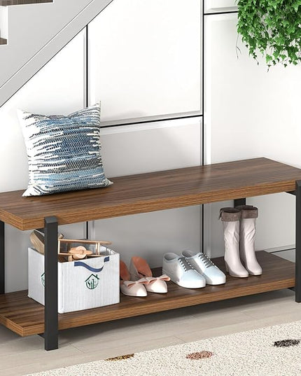 FOLUBAN Entryway Bench with Shoe Storage, Modern End of Bed Bench, Wood and Metal Entry Bench for Hallway Front Door Entrance, Industrial Indoor Bench for Bedroom Living Room, Rustic Walnut, 47 Inch