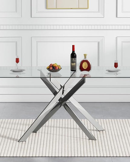 Modern 5-Piece Glass Dining Table Set for 4, Modern 60" Rectangle Silver Glass Dining Room Table Set with Light Grey Velvet Tufted Chairs Wood Legs for Kitchen Dining Room