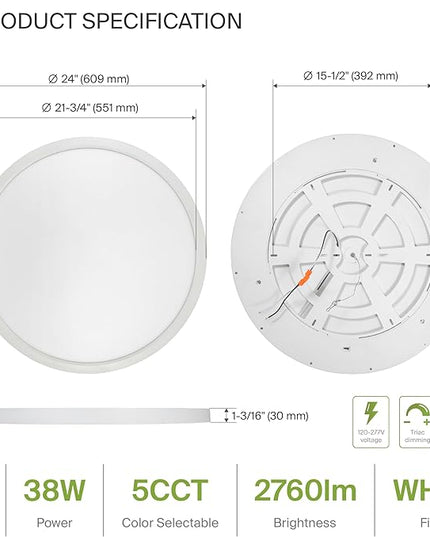 ASD LED 24" Round Flush Mount Ceiling Light Fixture, Low Profile Surface Lighting | 5CCT, Dimmable, Ultra-Thin, ETL Listed | 38W 2700LM 2700-6000K 100-277V | Kitchen, Bedroom, Hallway Lamp | White
