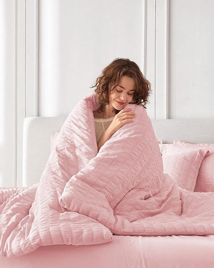 MUXHOMO 7 Pieces Queen Comforter Set, Seersucker Bed in a Bag Queen Size, All Season Luxury Bedding Set with Comforter, Flat Sheet, Fitted Sheet, Pillowcases & Shams, Pink