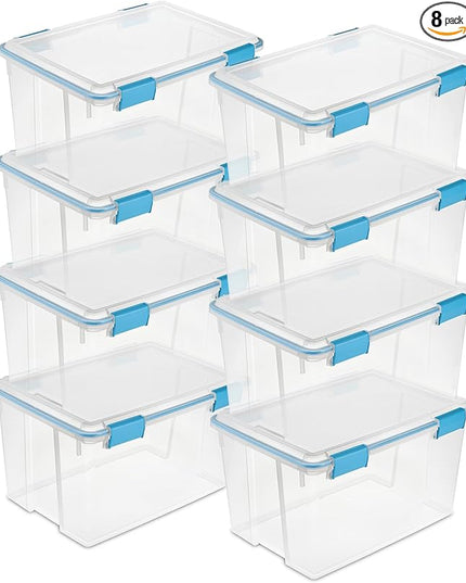 Sterilite 8-Pack Gasket Box, Weather-Resistant Storage Bins with Latching Lids, 54 Quart - Heavy-Duty Organizing Containers for Closet, Bathroom, and Office