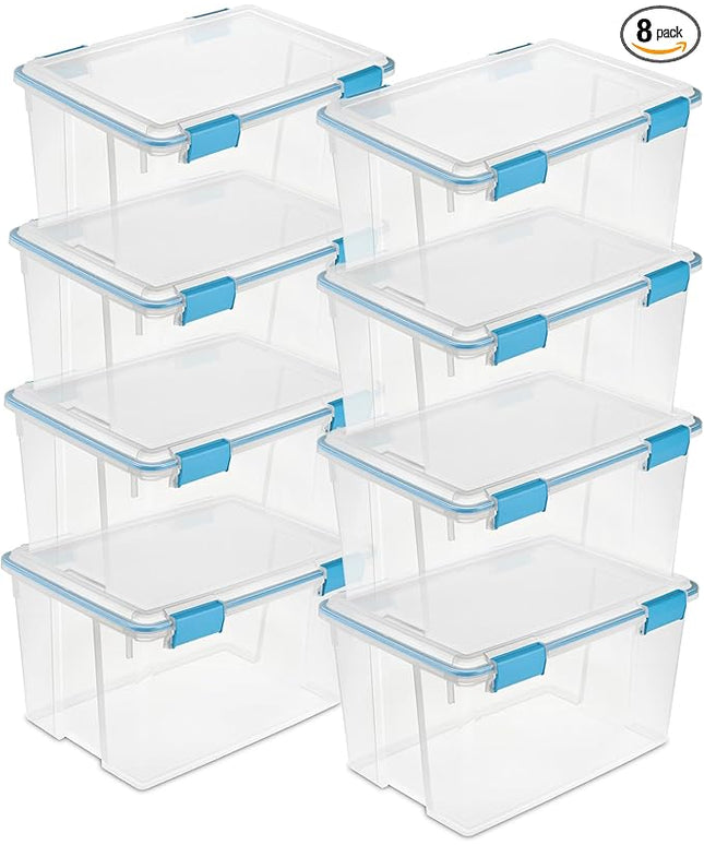 Sterilite 8-Pack Gasket Box, Weather-Resistant Storage Bins with Latching Lids, 54 Quart - Heavy-Duty Organizing Containers for Closet, Bathroom, and Office