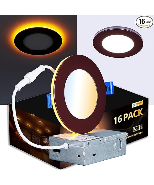 CycevSun 16 Pack Bronze Recessed Lighting 4 Inch with Night Light, Canless Ultra Thin Wafer Downlight Outdoor Exterior Soffit, Dimmable & 5 Color Temperature Selectable, 9W, ETL