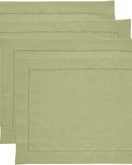 Solino Home Linen Placemats Set of 4 - Classic Hemstitch Moss Green Placemats 14 x 19 Inch - 100% Pure Linen Table Mats for Winter