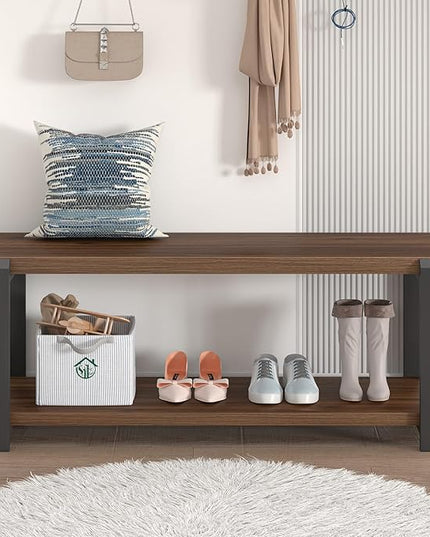 FOLUBAN Entryway Bench with Shoe Storage, Modern End of Bed Bench, Wood and Metal Entry Bench for Hallway Front Door Entrance, Industrial Indoor Bench for Bedroom Living Room, Rustic Walnut, 47 Inch