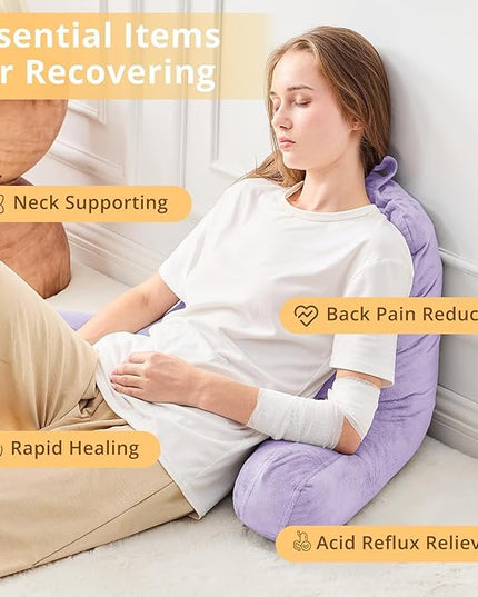 Sasttie Reading Pillow, Velvet Back Pillow for Bed Sitting Up, Adult Back-Rest Support Cushion with Arms for Sit Up on Couch, Sofa, and Floor, Dorm Essentials, Reading Accessories, Lavender
