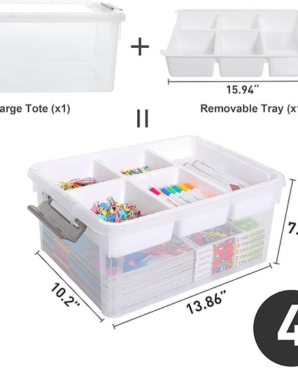 Citylife 17 QT Storage Box with Removable Tray Closet Organizers and Storage Clear Storage Container for Organizing, Craft, Tools, Files, Office Supplies, 4 Packs