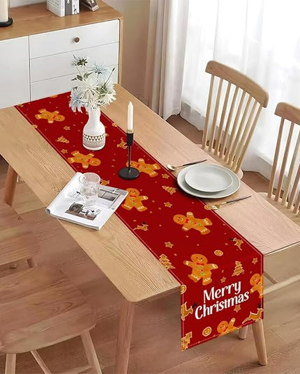 Red Christmas Gingerbread Table Runner 13x72 Inch, Cookie Candy Cane Kitchen Dinning Table Decoration for Home Party Decor