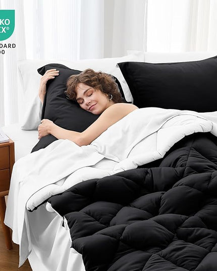 MUXHOMO 7 Pieces King Comforter Set, Reversible Bed in a Bag King Size, All Season Bedding Set with Comforter, Flat Sheet, Fitted Sheet, Pillowcases & Shams, Black & White