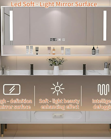 64IN Floor Standing Vanity Bathroom Double Sink - Double Sink Bathroom Vanities, Bathroom Wall Mirror Includes Smart Defogging & LED Lights | Splash Guard, Exquisite Handles (White)