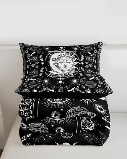 Sun and Moon Kids Comforter Set Queen Size,Starry Sky Galaxy Planets Trippy Bedding Set,Boys Girls Adults Room Decor,Paisley Boho Exotic Down Comforter,Black White Chic Duvet Insert,2 Pillowcases
