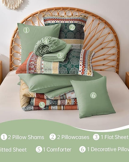Cottolester Boho Comforter Set Queen Size,8 Pieces Sage Green and Orange Bohemian Striped Bed in a Bag,Paisley Soft Microfiber Bedding Comforter Set