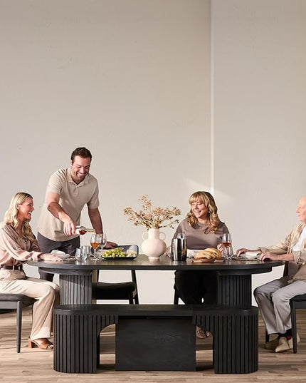 Transformer Table - Solid Wood Extendable Round Dining Table Set with Bench and 4 Chairs, Seats 4-10, Extendable Round Dining Set, Smoked Hickory, Black Finish (Table + Bench + 4 Chairs)