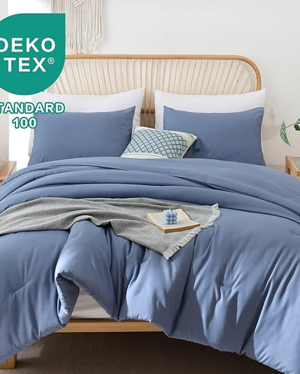 ROSGONIA Oversized King Comforter Slate Blue, 3pcs (1 Boho Comforter & 2 Pillowcases) Lightweight Oversized King Size Comforter Sets Bedding Blanket