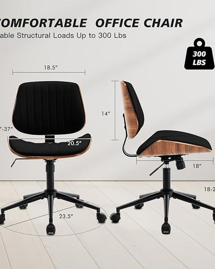 Armless Desk Chair with 360°Swivel Wheels, Ergonomic Adjustable Height Computer Chair for Home Office,PU Leather with Modern Walnut Drafting Chairs for Office, Reading Nook(Black)