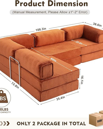 108" L Shaped Couch，Modular Sectional Sofa with Chaise，Cloud Sectional Couch with Deep Seat & Removable Pillow for Living Room,Bedroom,No Assembly Required（Brick Red）