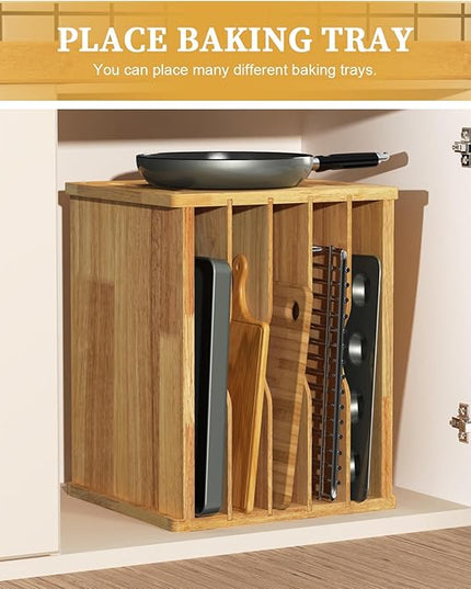 6 Tier Rubber Wood Tray Dividers for Cabinets, Heavy Weight Kitchen Vertical Tray Divider Organizer, Storing pans, Baking trays, Cutting Board(16.73" W x 14.13" H x 12.4" D)