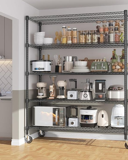 Himimi 82" H Storage Shelves 5 Tier Metal Shelving Adjustable Wire Shelf with Wheels, Heavy Duty Shelving for Garage Kitchen Pantry Bathroom Laundry,18" D*48" W*82" H, Black